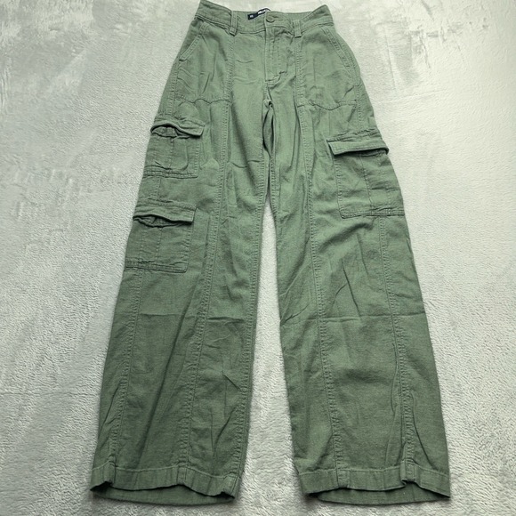 Hollister Pants - Hollister Ultra High Rise Baggy Cargo Pants Womens XS Olive Green Linen Outdoor